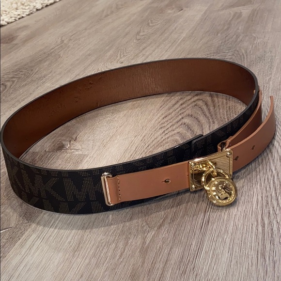 MICHAEL Michael Kors Accessories - MICHAEL Michael Kors Logo Brown Gold Belt